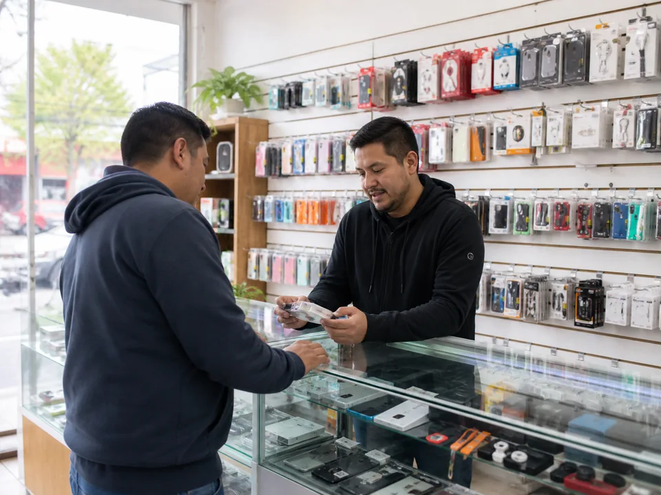 Presentación visual de un comercio especializado en accesorios móviles