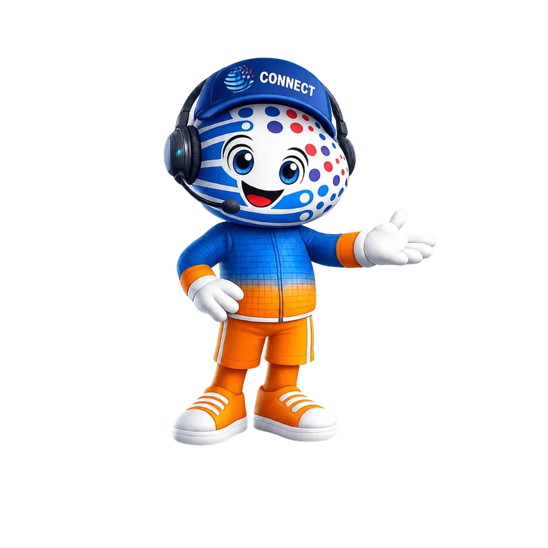 Mascota oficial de CONNECTIO ofreciendo orientación
