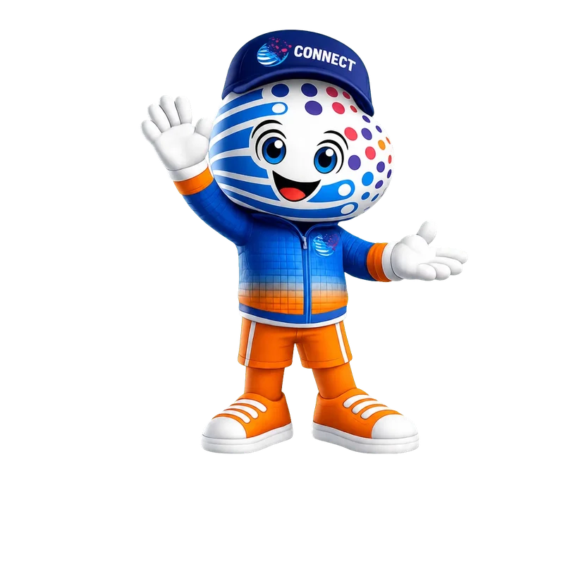 Mascota oficial de CONNECTIO dando la bienvenida al proceso de postulación