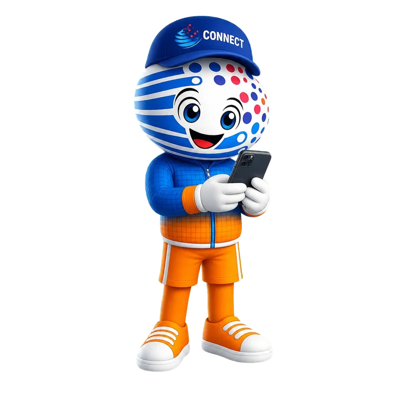 Mascota oficial de CONNECTIO mostrando el servicio de recargas desde el celular