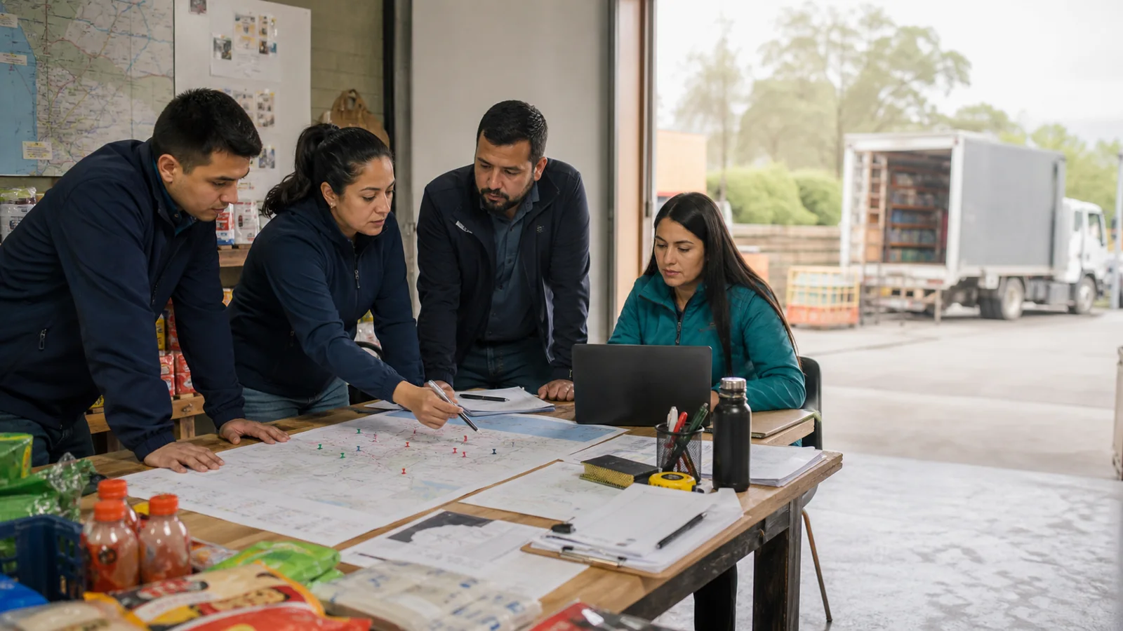 Escena comercial de un equipo coordinando proveedores, rutas y seguimiento operacional