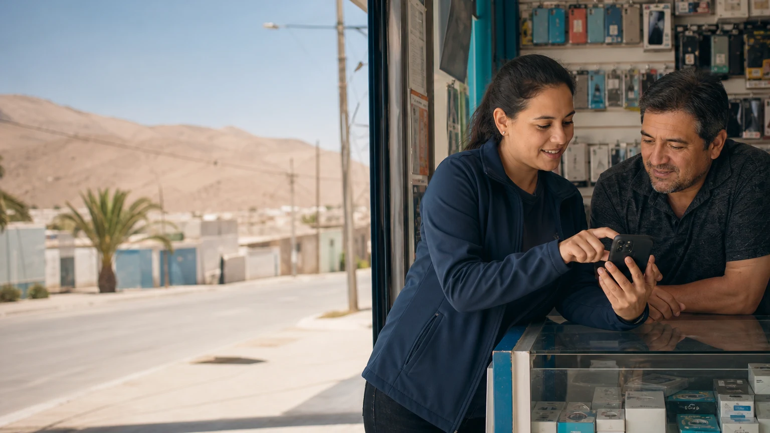 Ejecutiva comercial orientando al dueño de un comercio del norte de Chile