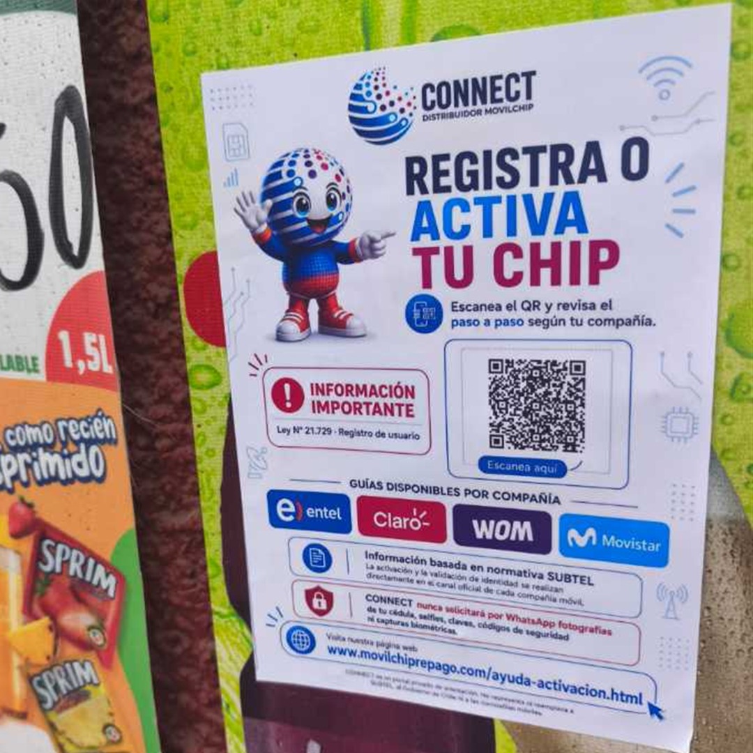 Flyer oficial Registra o activa tu chip instalado en un comercio, con guías para Entel, Claro, WOM y Movistar