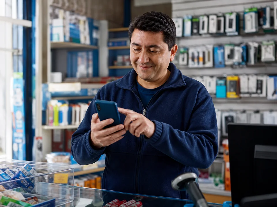Comerciante gestionando una recarga móvil desde su punto de venta