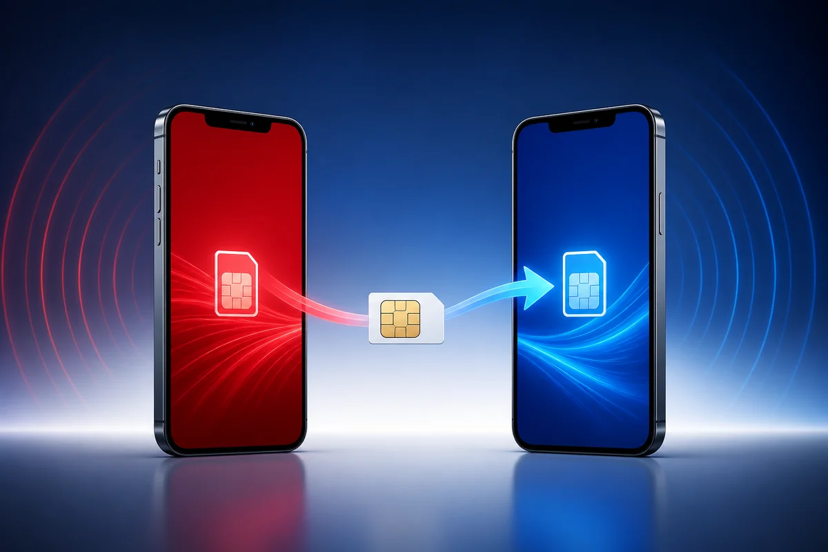 Escena referencial de dos teléfonos que representan el cambio de una compañía roja a una azul