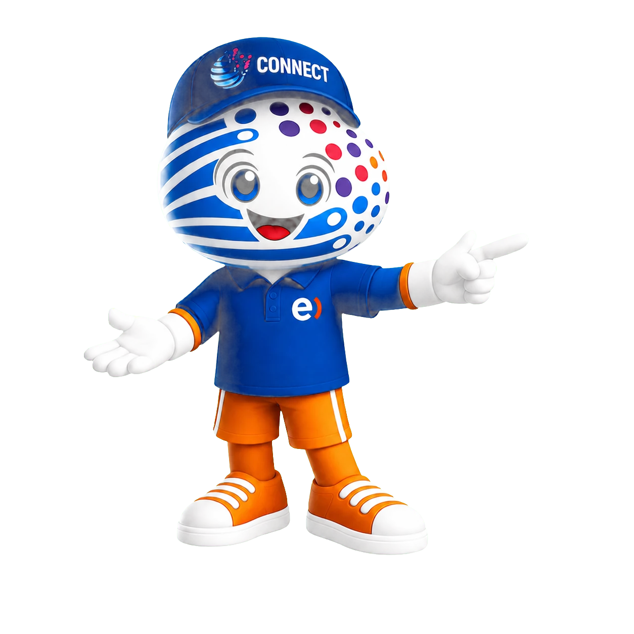 Mascota oficial CONNECTIO con uniforme Entel ayudando a elegir una ruta