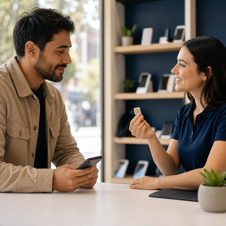 Escena referencial de una persona evaluando portabilidad con una tarjeta SIM