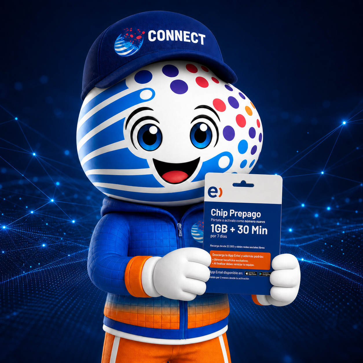 Mascota CONNECTIO presentando un chip Entel