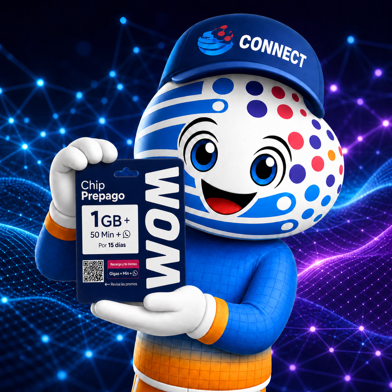 Mascota CONNECTIO presentando un chip WOM