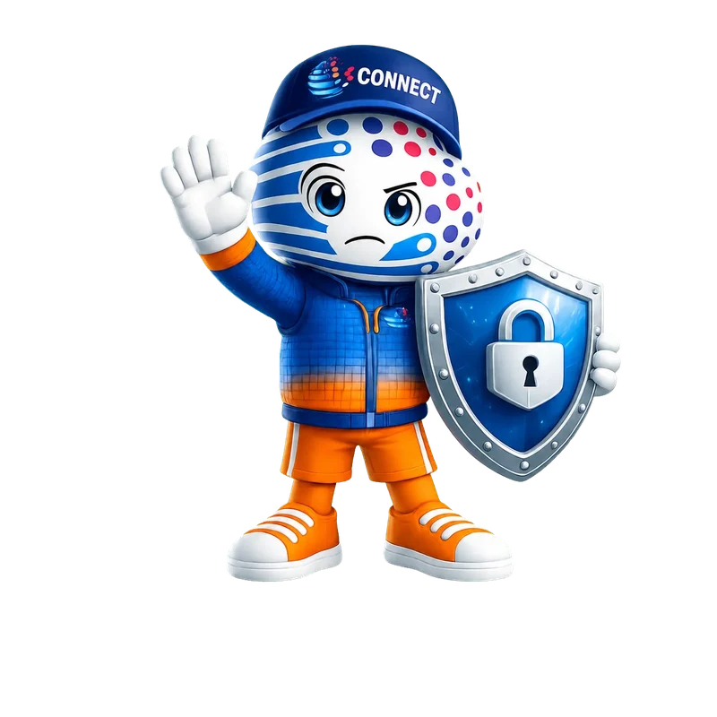 Mascota CONNECT con mensaje de seguridad